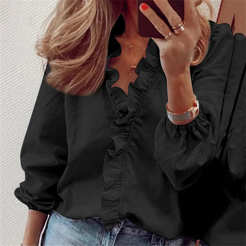 Women's V-Neck Blouse with Ruffled Front and Long Sleeves
