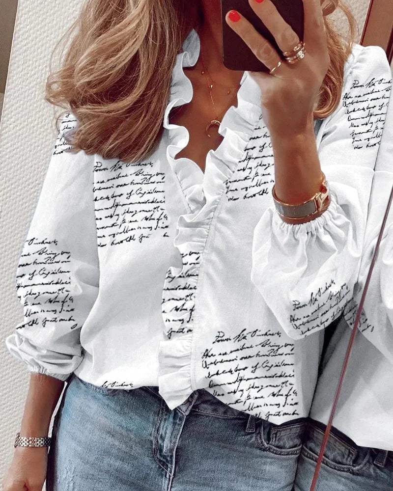 Women's V-Neck Blouse with Ruffled Front and Long Sleeves