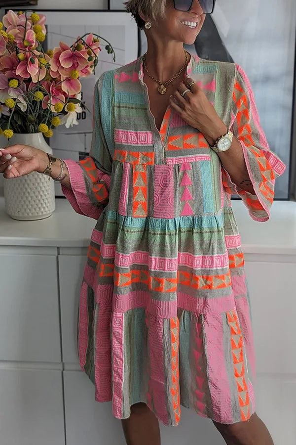 Women's Tiered Printed Mini Dress with 3/4 Sleeves