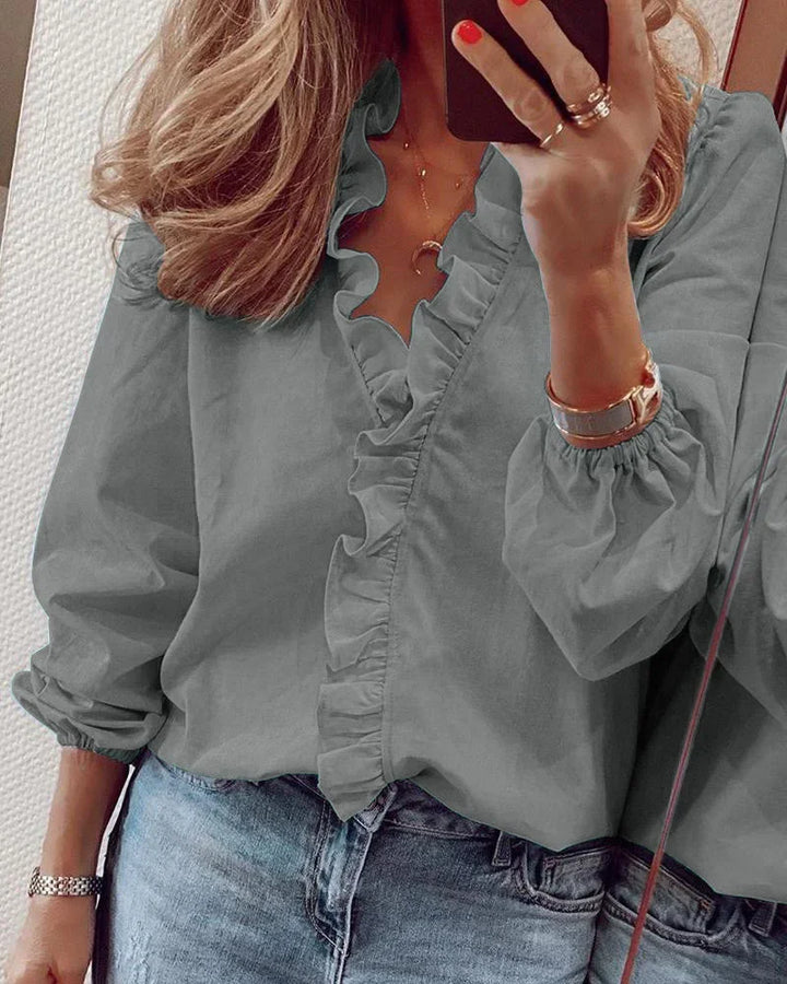 Women's V-Neck Blouse with Ruffled Front and Long Sleeves