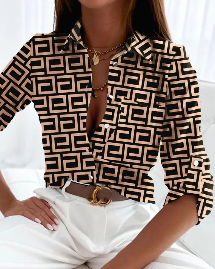 Women’s Blouse | Collared V-Neck Graphic Pattern