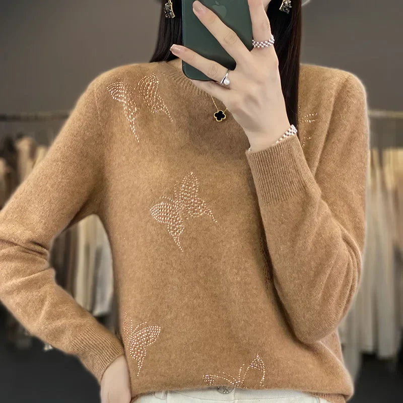 Women's Butterfly Embellished Sweater Round Neck