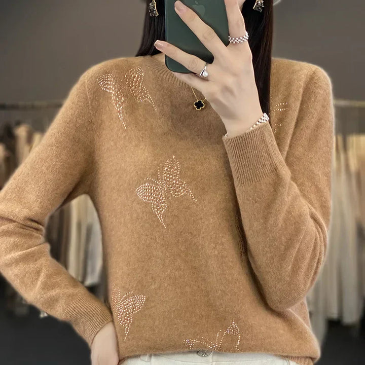 Women's Butterfly Embellished Sweater Round Neck