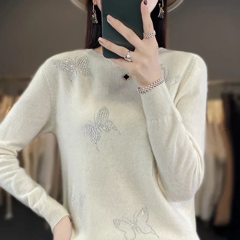 Women's Butterfly Embellished Sweater Round Neck