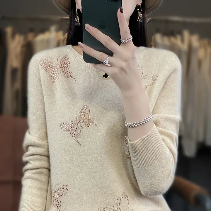 Women's Butterfly Embellished Sweater Round Neck