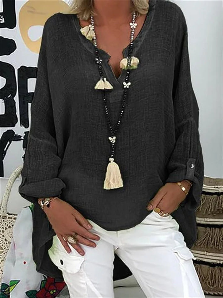 Women's Long Sleeve Blouse with V-Neck and Loose Fit