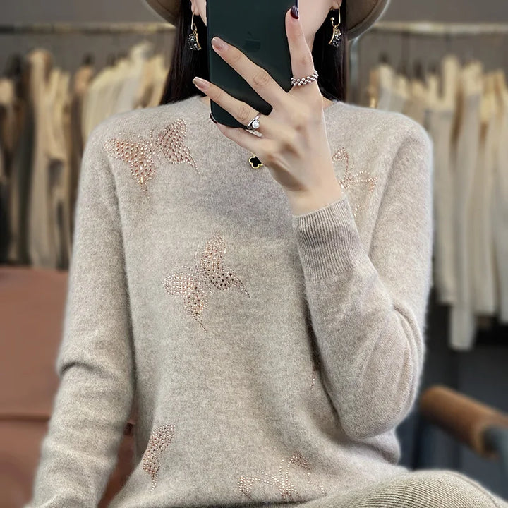 Women's Butterfly Embellished Sweater Round Neck