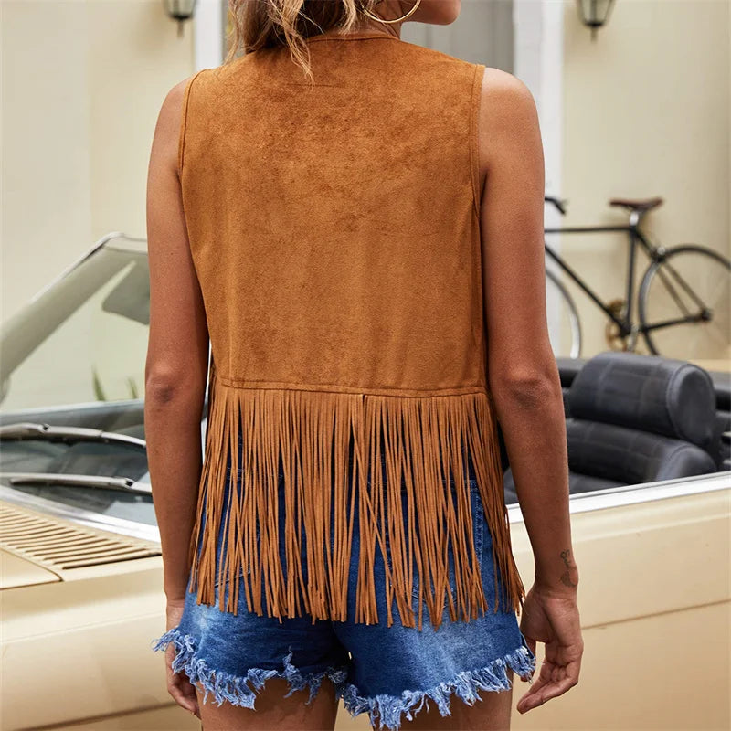Women's Sleeveless Vest with Vertical Fringe and Open Front