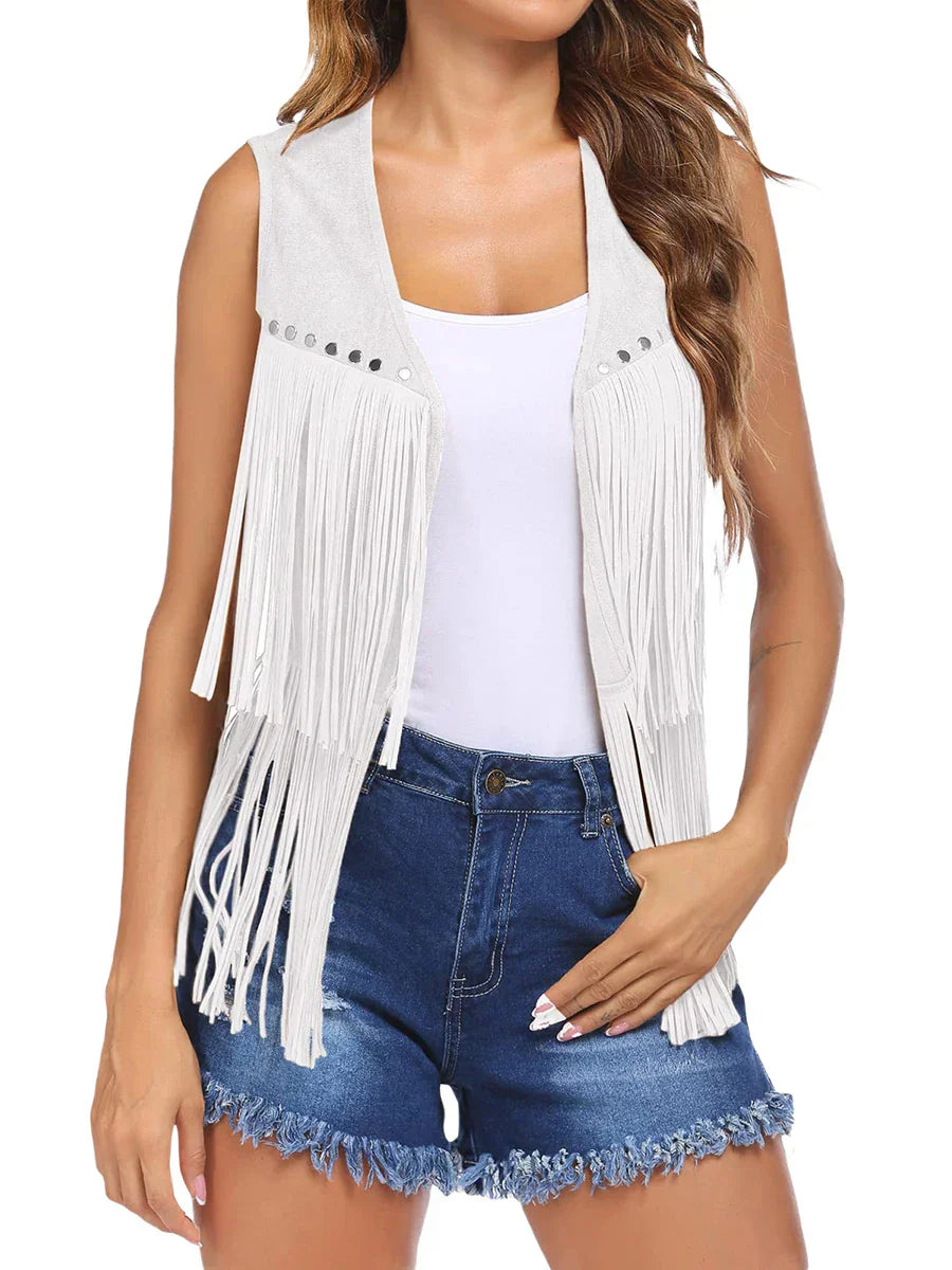 Women's Sleeveless Vest with Vertical Fringe and Open Front