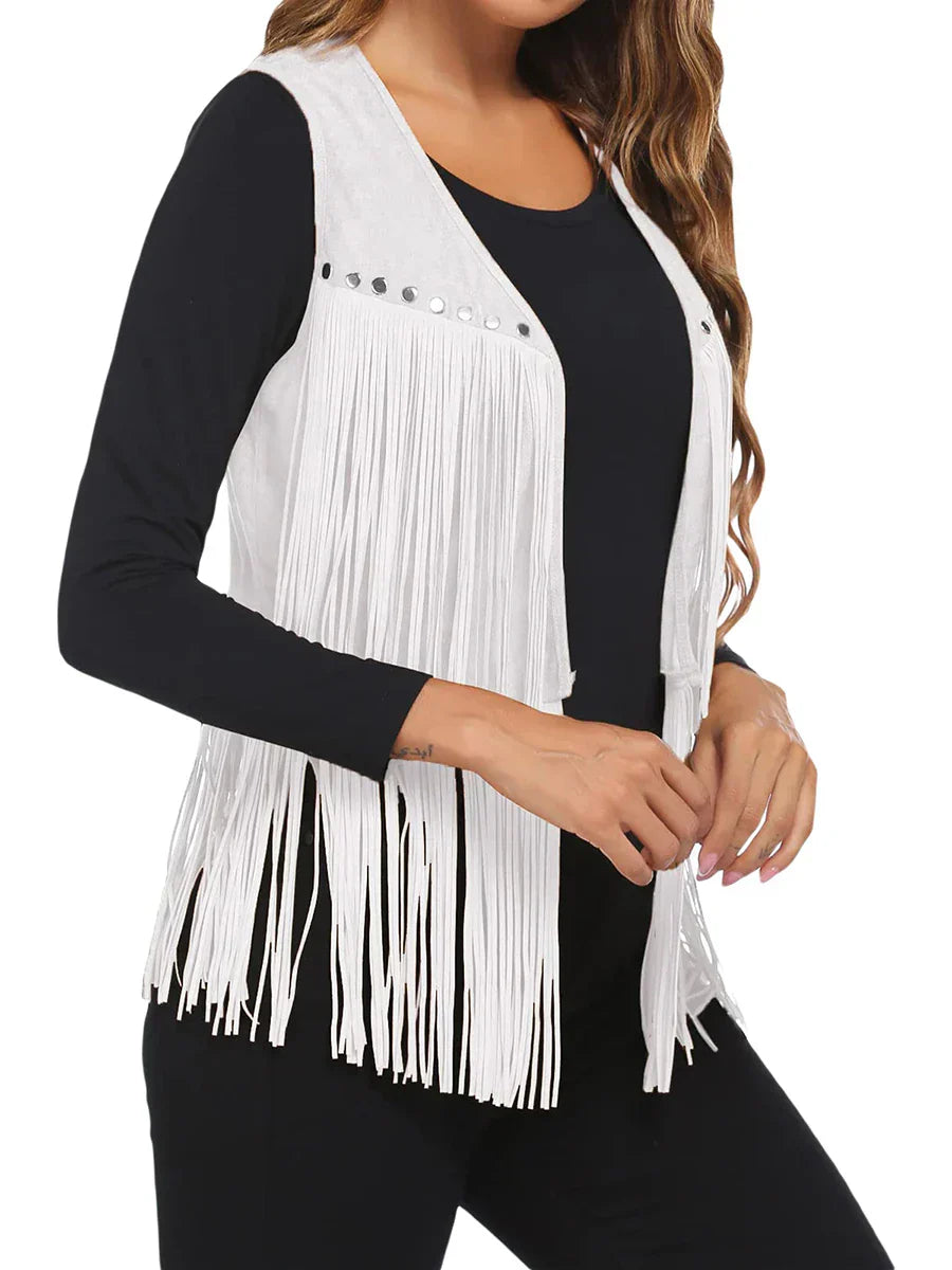 Women's Sleeveless Vest with Vertical Fringe and Open Front