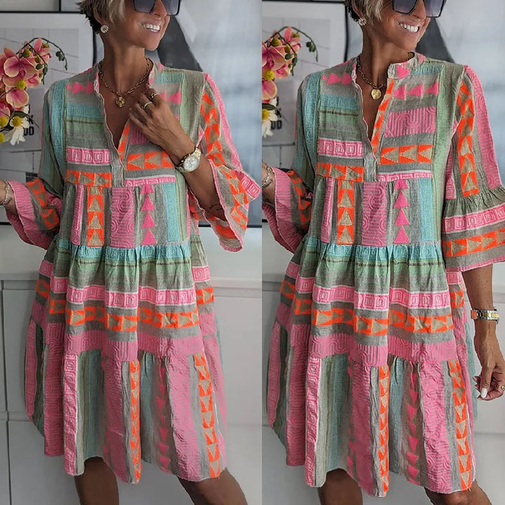 Women's Tiered Printed Mini Dress with 3/4 Sleeves