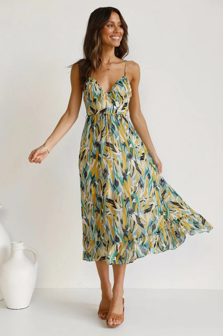 Women's Printed Midi Dress with Tie Waist and Wrap Front