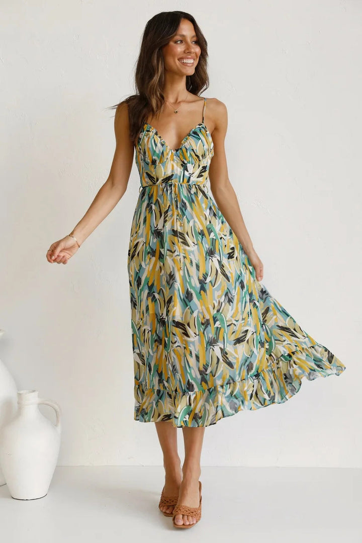 Women's Printed Midi Dress with Tie Waist and Wrap Front