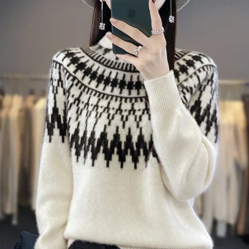 Women's Nordic Pattern Sweater with High Neckline