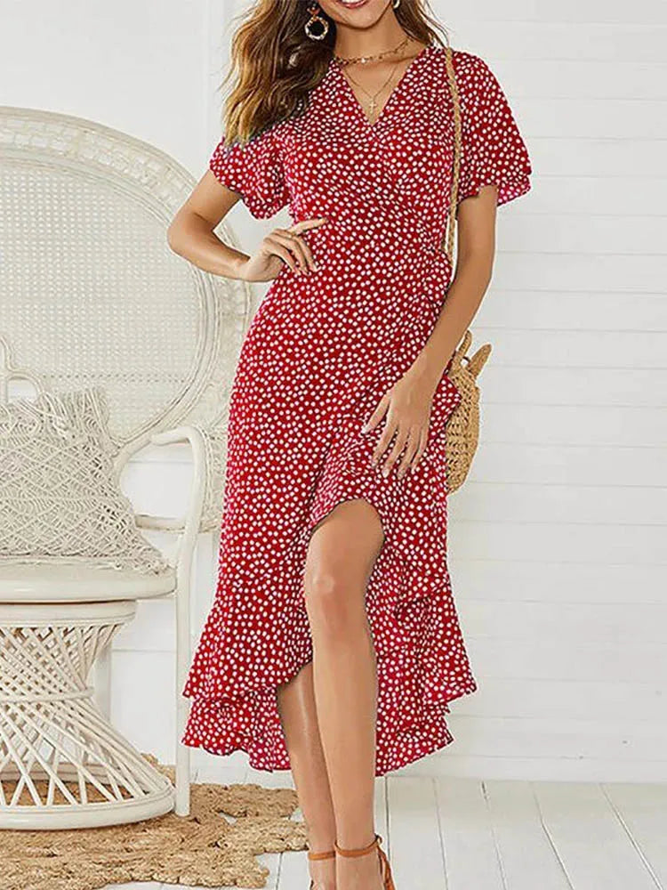 Women’s Summer Dress | Midi V-Neckline Wrap Ruffle