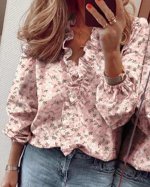 Women's V-Neck Blouse with Ruffled Front and Long Sleeves