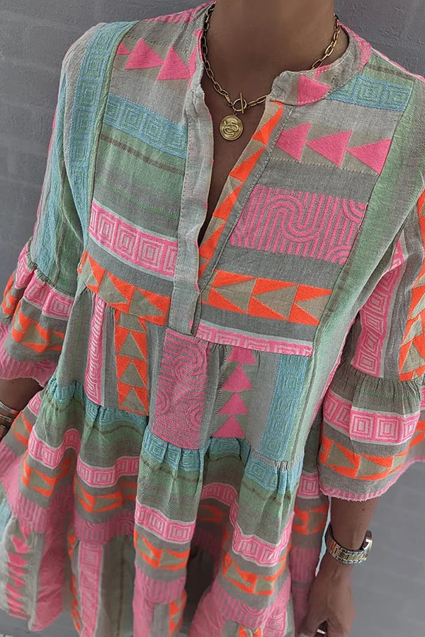 Women's Tiered Printed Mini Dress with 3/4 Sleeves