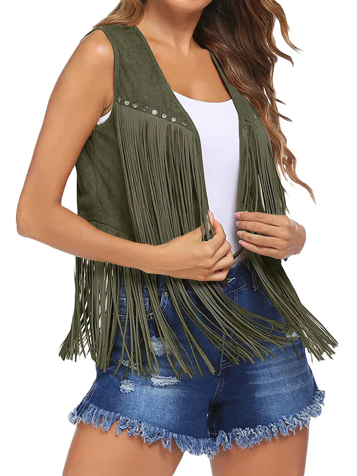 Women's Sleeveless Vest with Vertical Fringe and Open Front
