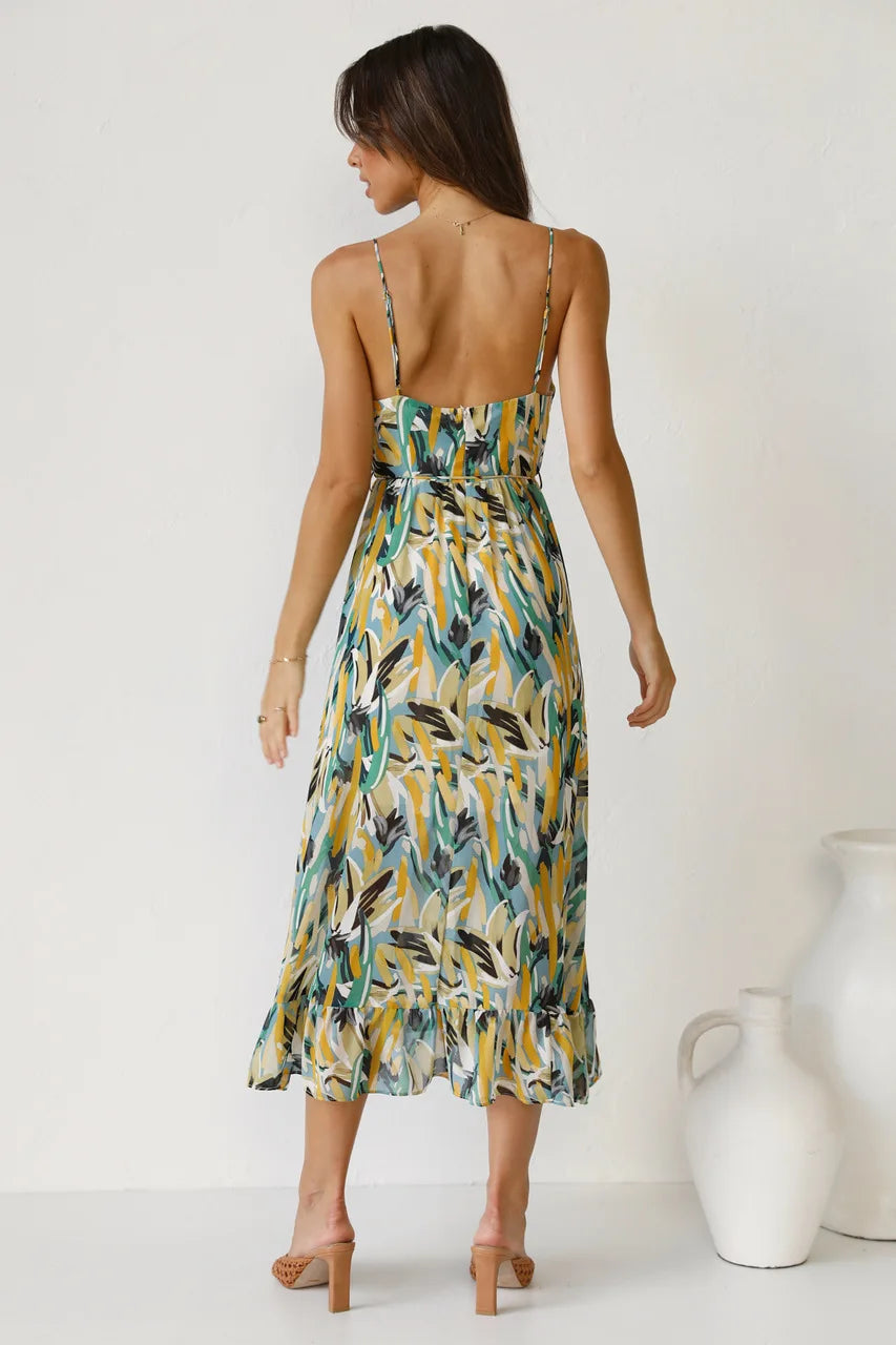 Women's Printed Midi Dress with Tie Waist and Wrap Front