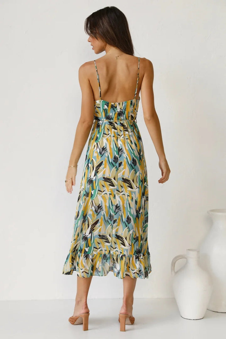 Women's Printed Midi Dress with Tie Waist and Wrap Front