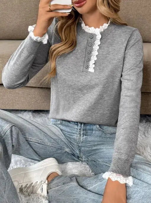 Women's Sweater | Ruffle Trim Button Placket