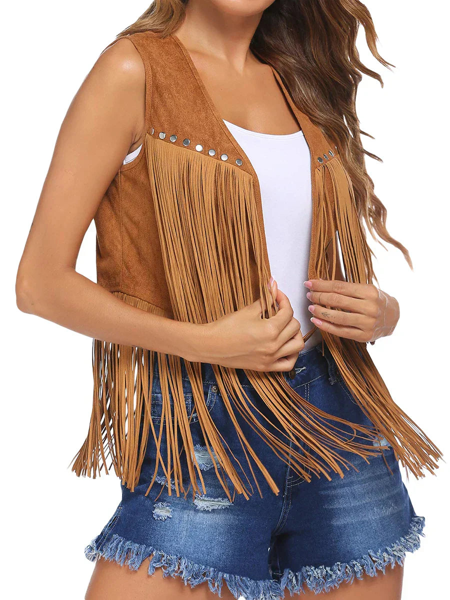 Women's Sleeveless Vest with Vertical Fringe and Open Front