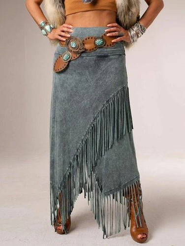 Women's Asymmetrical Fringe Maxi Skirt with Wrap Overlay