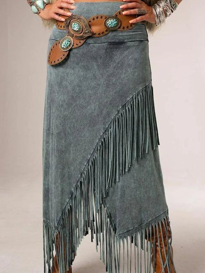 Women's Asymmetrical Fringe Maxi Skirt with Wrap Overlay