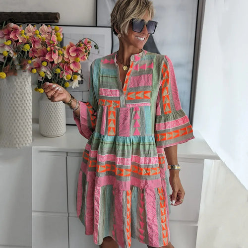 Women's Tiered Printed Mini Dress with 3/4 Sleeves