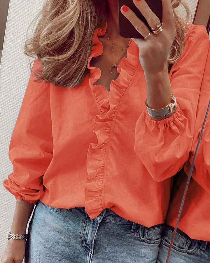 Women's V-Neck Blouse with Ruffled Front and Long Sleeves