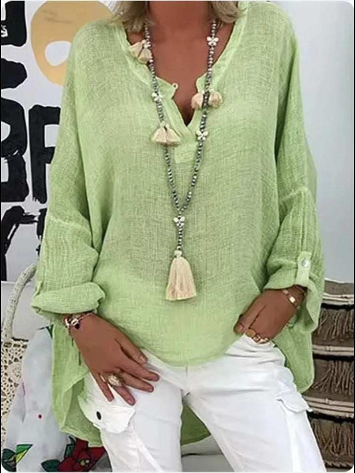 Women's Long Sleeve Blouse with V-Neck and Loose Fit