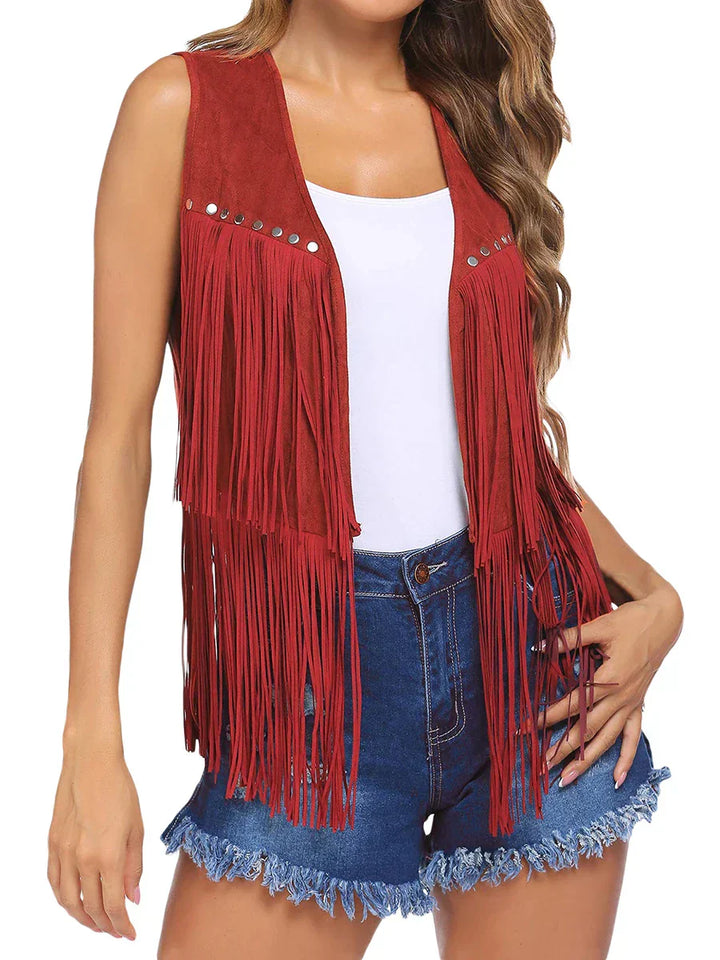 Women's Sleeveless Vest with Vertical Fringe and Open Front