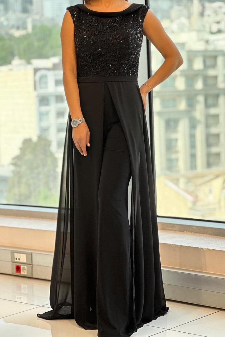 Women’s Sleeveless Jumpsuit with Sequin Overlay Skirt
