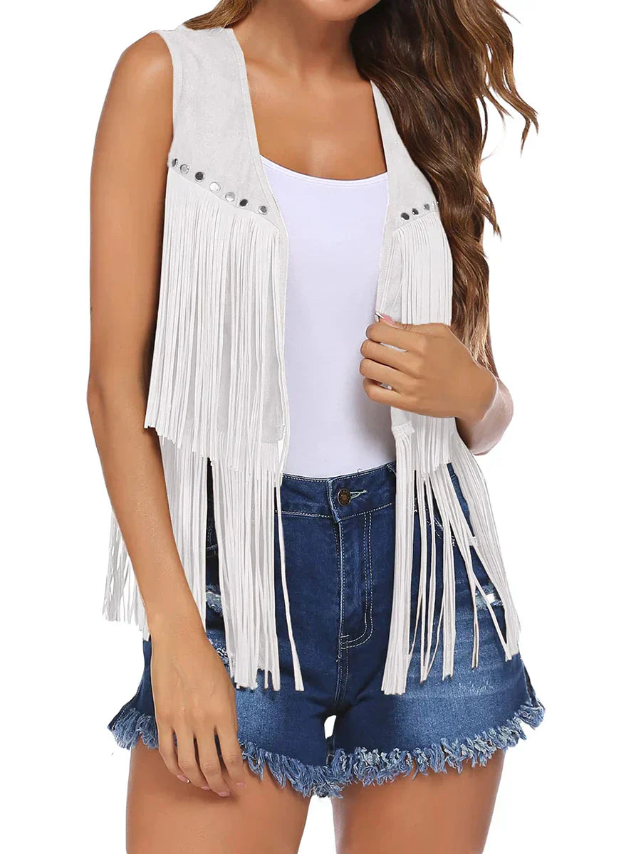 Women's Sleeveless Vest with Vertical Fringe and Open Front