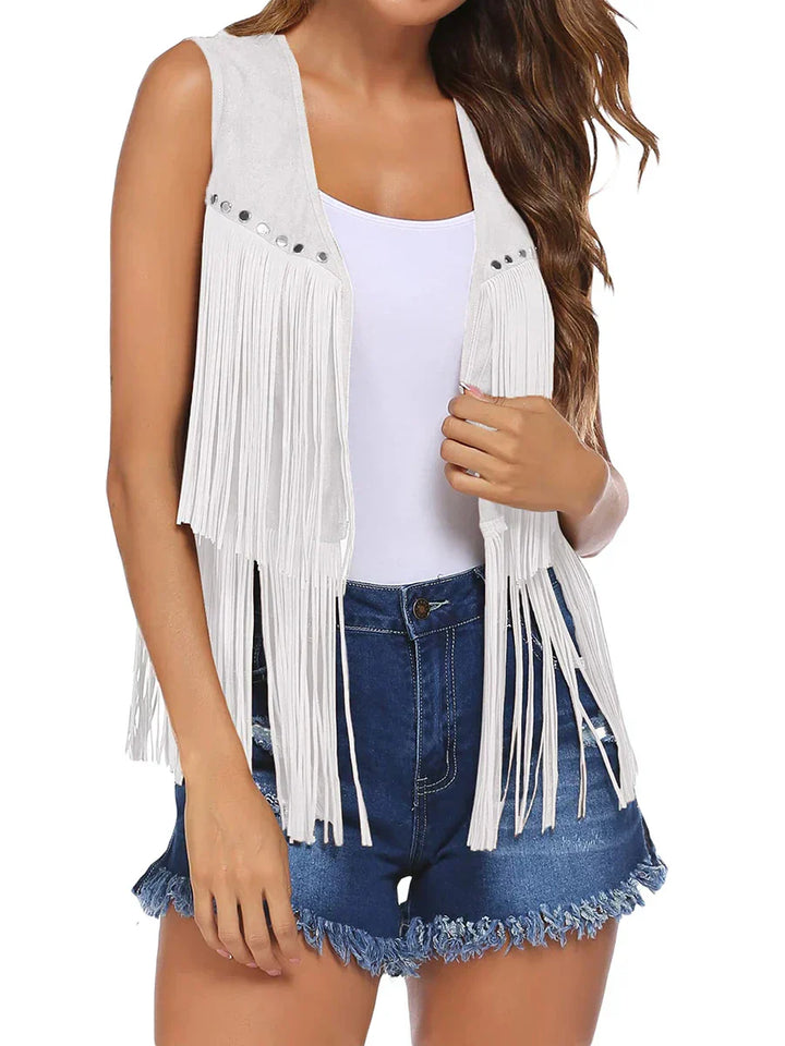 Women's Sleeveless Vest with Vertical Fringe and Open Front