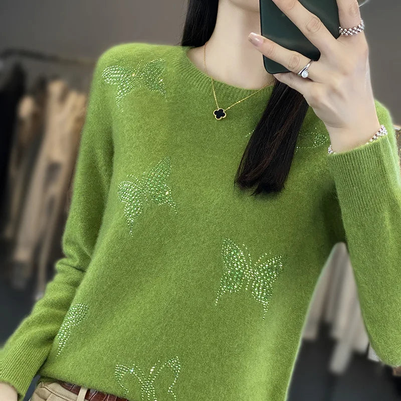 Women's Butterfly Embellished Sweater Round Neck