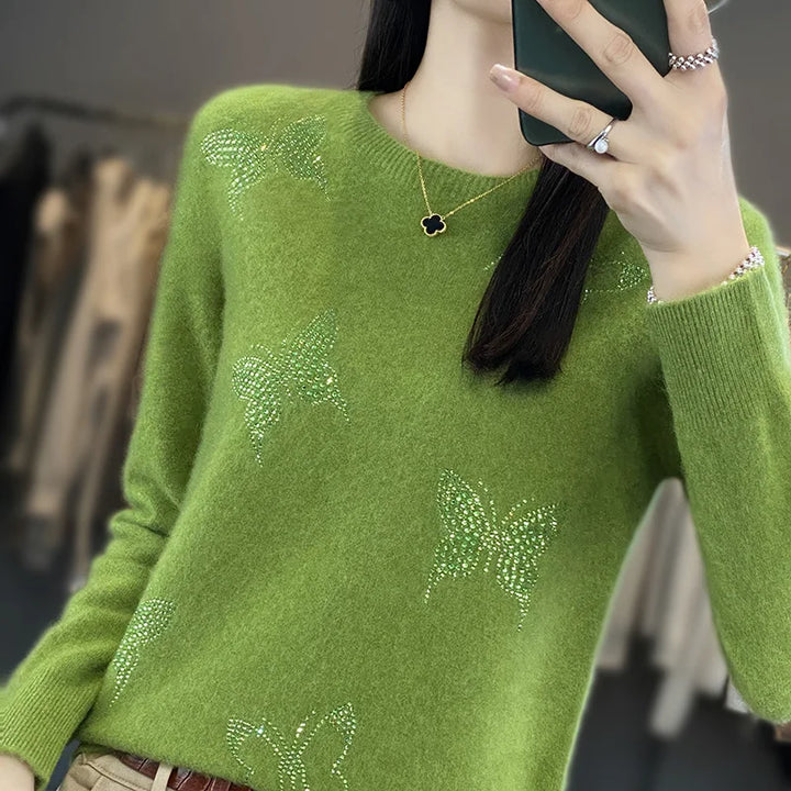 Women's Butterfly Embellished Sweater Round Neck