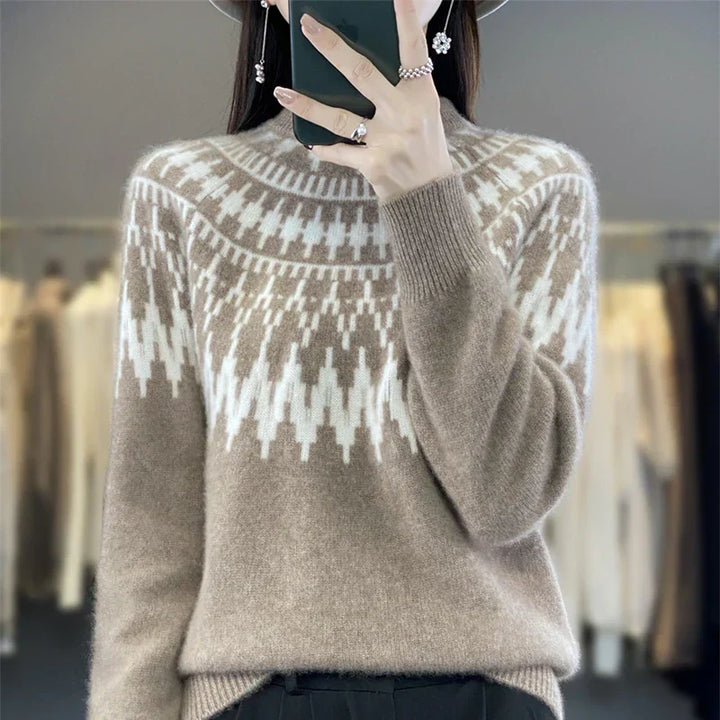 Women's  Pullover Sweater with Patterned Upper Section