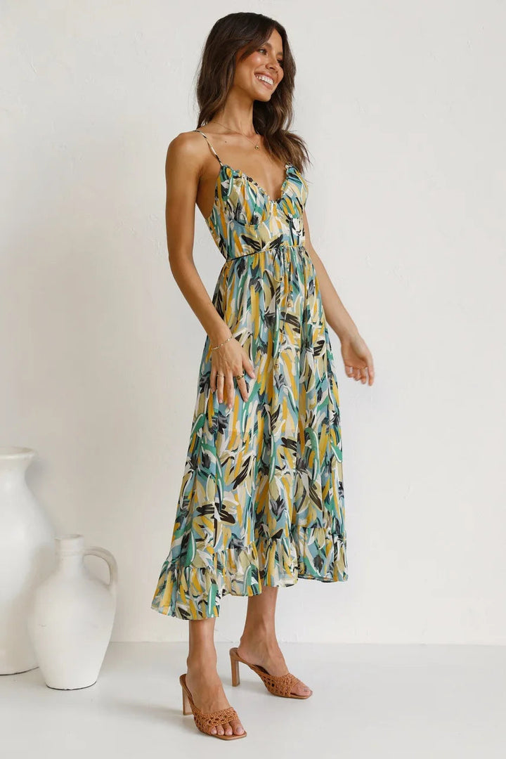 Women's Printed Midi Dress with Tie Waist and Wrap Front