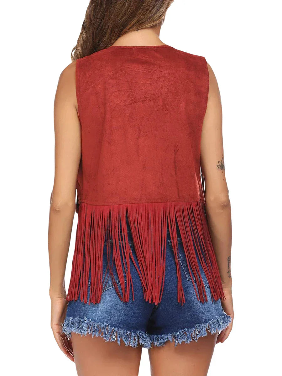 Women's Sleeveless Vest with Vertical Fringe and Open Front