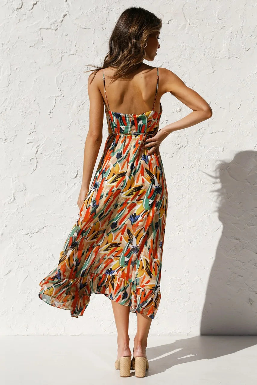 Women's Printed Midi Dress with Tie Waist and Wrap Front
