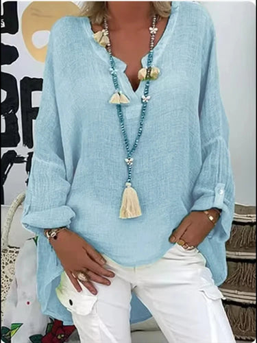 Women's Long Sleeve Blouse with V-Neck and Loose Fit