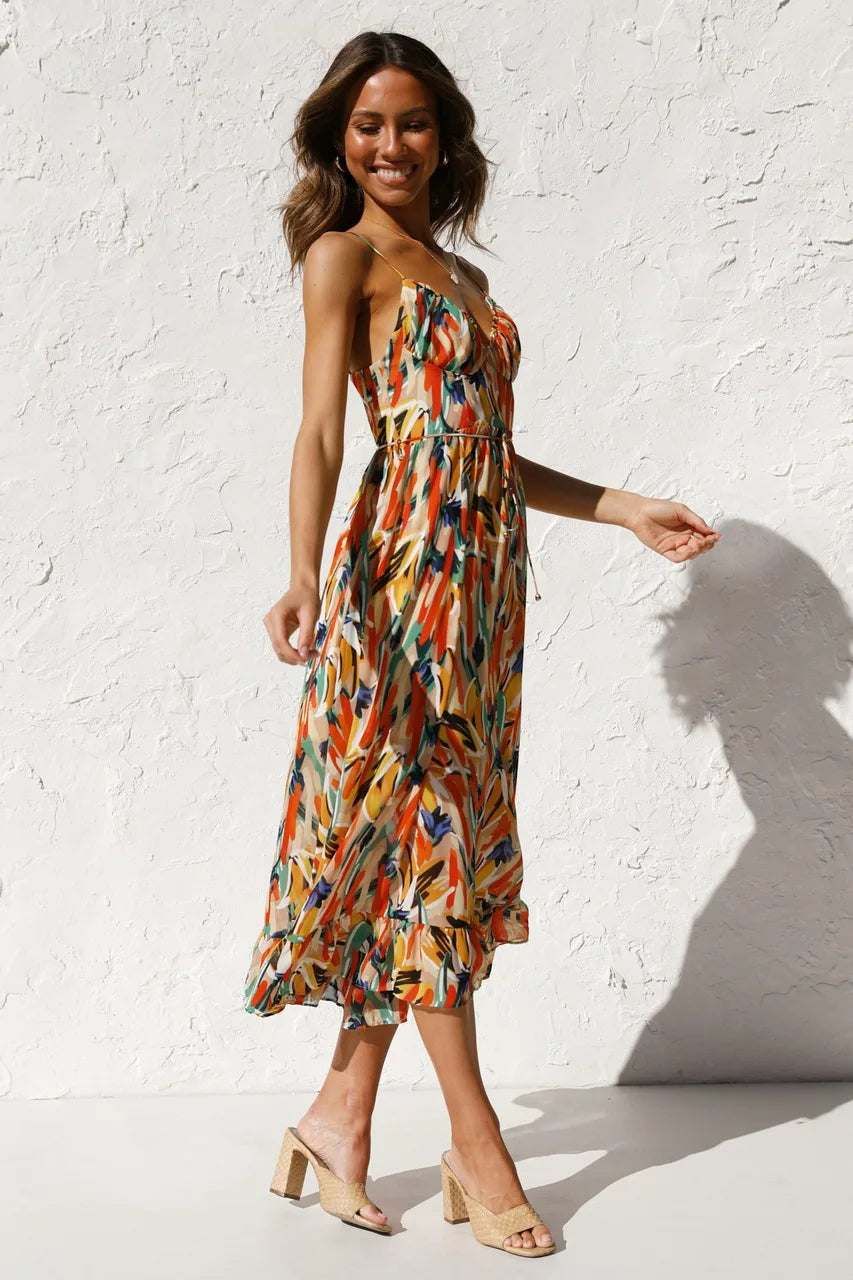 Women's Printed Midi Dress with Tie Waist and Wrap Front