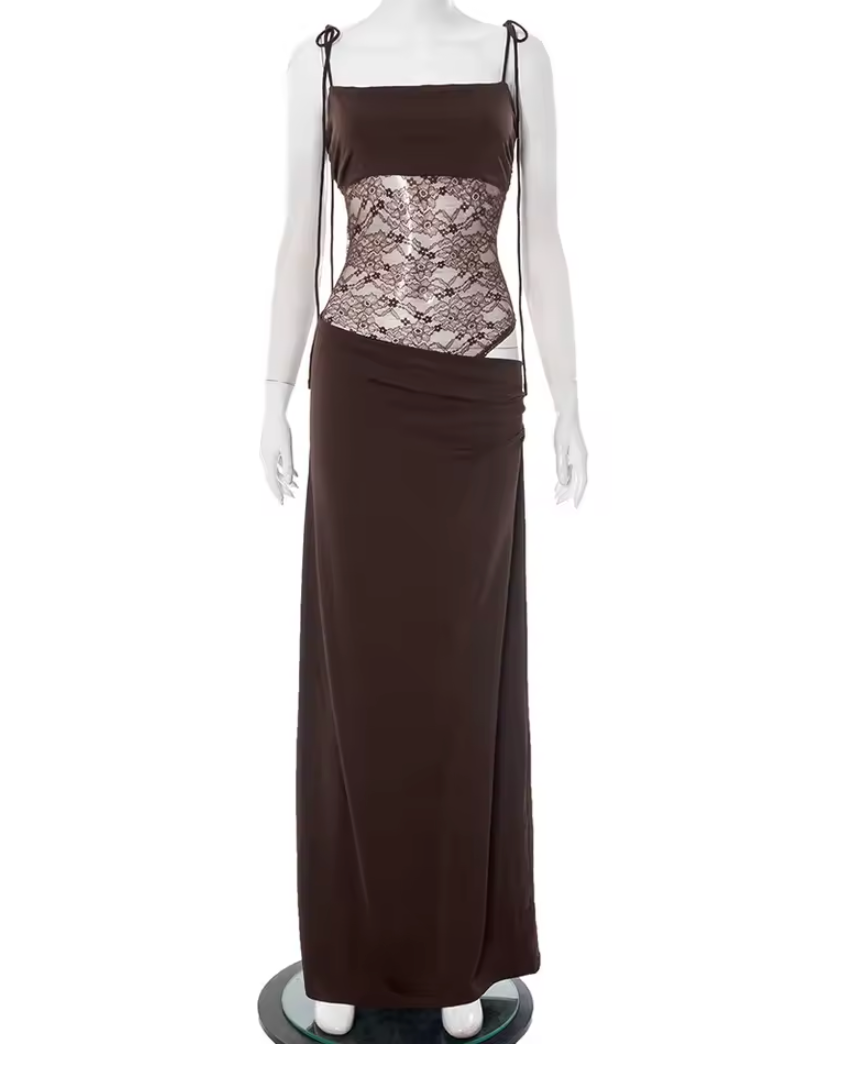 Women's Sleeveless Maxi Dress with Lace Waist Insert