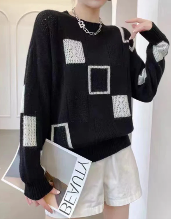 Women's Patchwork Sweater Crew Neck Long Sleeve