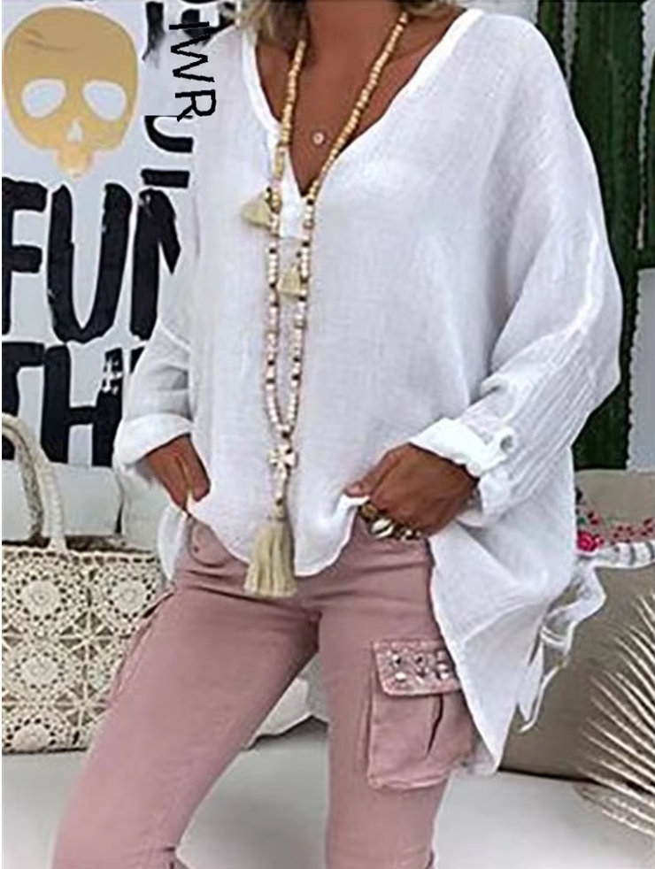 Women's Long Sleeve Blouse with V-Neck and Loose Fit