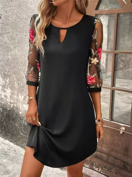Women's Black Shift Mini Dress with Keyhole Embroidered Sleeves
