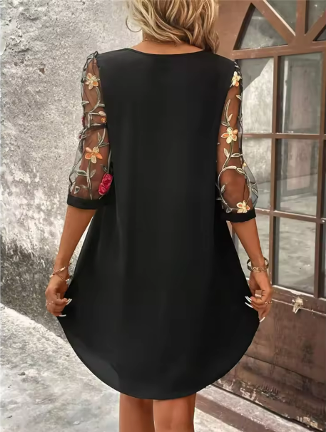 Women's Black Shift Mini Dress with Keyhole Embroidered Sleeves