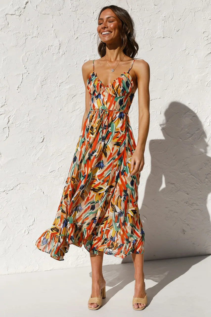 Women's Printed Midi Dress with Tie Waist and Wrap Front