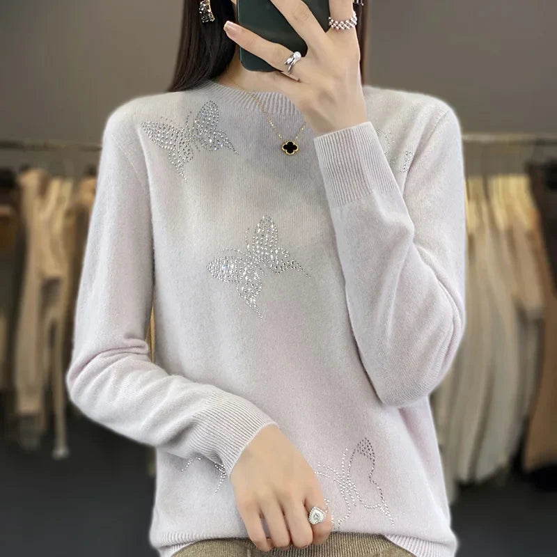Women's Butterfly Embellished Sweater Round Neck